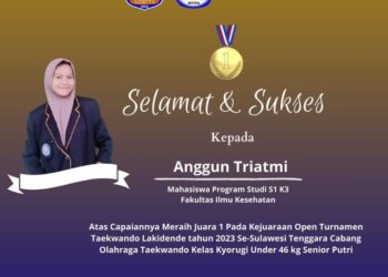 Mahasiswi Prodi S-1 Kesehatan dan Keselamatan Kerja Fakultas Ilmu Kesehatan Universitas Karya Persada Muna Juara I Tournament Taekwondo Lakidende 2023 Se-Sultra 