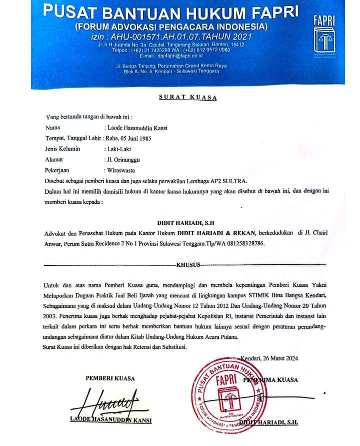 Lembaga AP2 Sultra Gunakan Kuasa Hukum Polisikan STIMIK Bina Bangsa Kendari