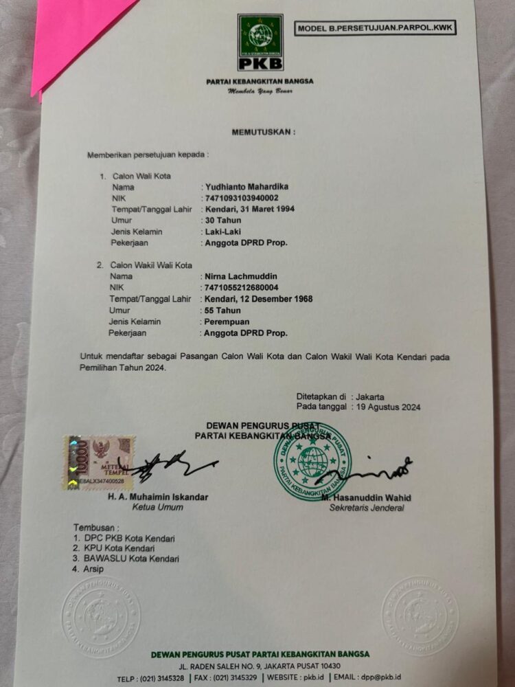 Yudhi-Nirna Semakin Kuat Tarung Pilwali Kendari, Setelah Dapat PDIP dan Gerindra, PKB ikut Merapat