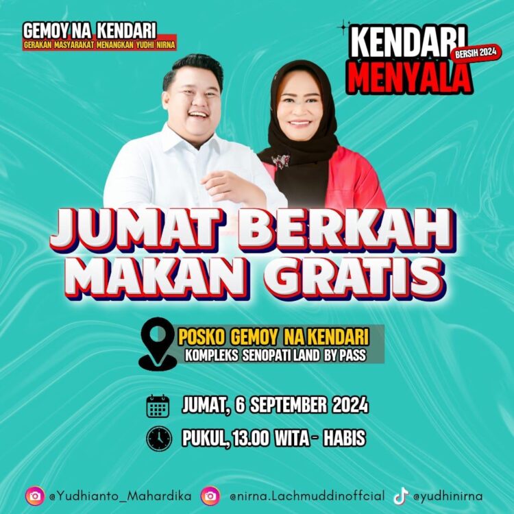 Lakukan Program Jumat Berkah, Paslon Walikota Yudhi-Nirna Bagi-bagi Makanan Gratis ke Warga Kendari