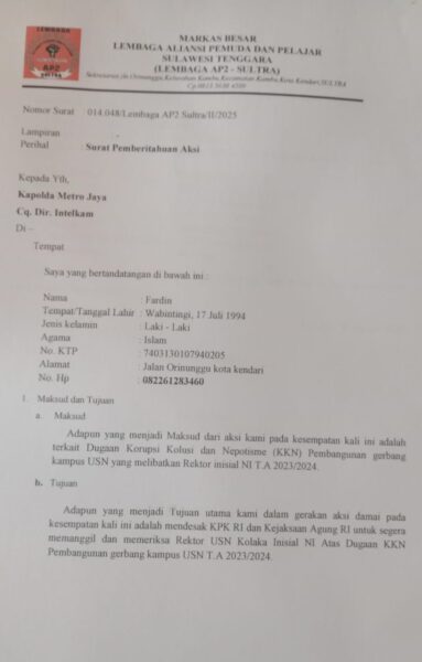 Soroti Dugaan Korupsi Pekerjaan Gapura dan Rehab Gedung FKIP USN Kolaka, AP2 Sultra Bakal Aksi di KPK dan Kejagung RI